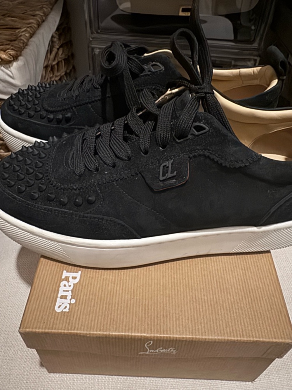 Christian Louboutin Black Suede HappyRui Spikes Detail Low-Top Sneakers size 39